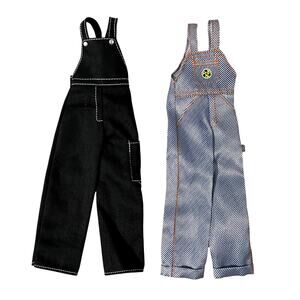 2 Barbie Doll Toy Clothes Overall Bib Black Blue Stripe Vintage